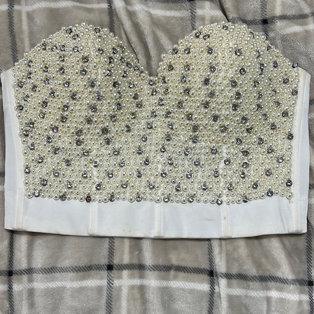 Pearl beaded strapless top